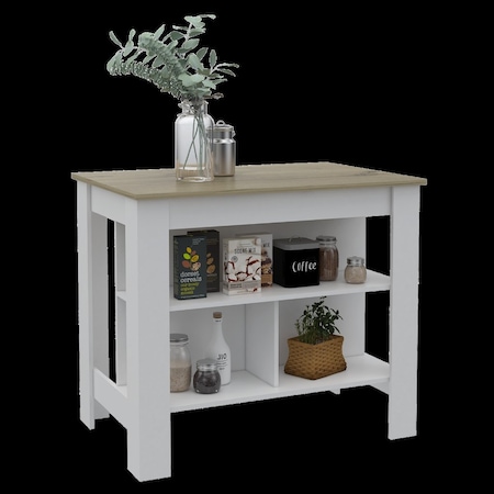 Tuhome Cala Kitchen Island Antibacterial, Three Shelves, Four Legs, Light Oak/White ADB5773